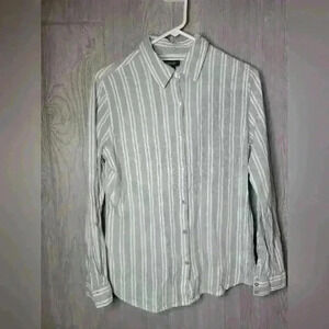 Jones and Co button-down long sleeve blouse. Sage green and white striped.